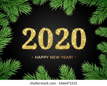 Happy New Year of 2020 glitter gold in Christmas tree frame on black background. Vector golden glittering text of sparkle confetti shine for holiday greeting card