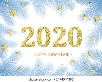 Happy New Year 2020 glitter gold in Christmas tree frame with golden stars confetti. Vector blue frost with glittering text for holiday greeting card on white background