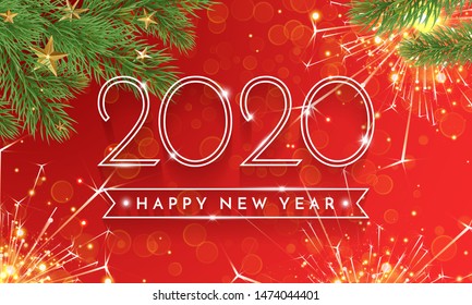 Happy New Year 2020 glitter gold greeting card of Christmas tree with sparkles and golden stars decoration on vector red sparkling background for holiday celebration design