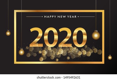 
Happy New Year 2020 with glitter isolated on black background, text design gold colored, vector elements for calendar and greeting card.