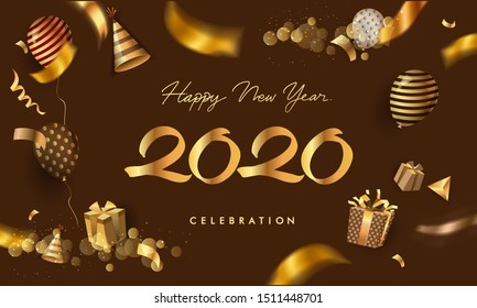 Happy New Year 2020 with glitter isolated on elegant background, text design gold colored, vector elements for calendar and greeting card.