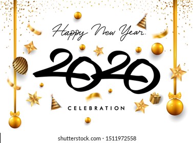 Happy New Year 2020 with glitter isolated on white background, hand written lettering text design gold colored, vector elements for calendar and greeting card.