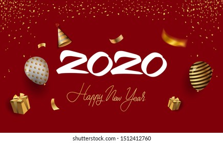 Happy New Year 2020 with glitter isolated on red background, text design gold colored, vector elements for calendar and greeting card.
