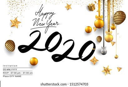 Happy New Year 2020 with glitter isolated on white background, hand written lettering text design gold colored, vector elements for calendar and greeting card.