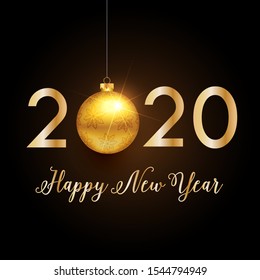 Happy New Year 2020 with glitter isolated on black background, text design gold colored, vector elements for calendar and greeting card.