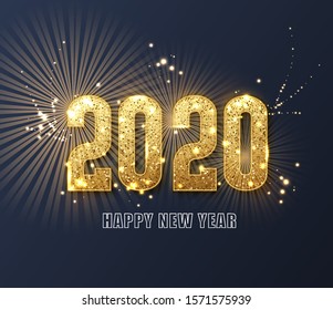 Happy New Year 2020 with glitter isolated on dark background, text design gold colored. Festive poster or banner design. Holiday vector illustration