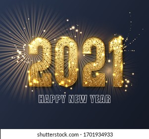 Happy New Year 2020 with glitter isolated on dark background, text design gold colored. Festive poster or banner design. Holiday vector illustration.