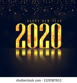 Happy New Year 2020 in glowing gold light graphic with bokeh and sparkles, Vector illustration