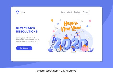 Happy new year 2020. Goals and resolutions 2020 concept illustration. tiny people having fun with their goals in 2020. suitable for web, banner, poster and landing page.