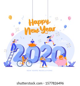 Feliz año nuevo 2020. Metas y resoluciones 2020: ilustración conceptual. diminutas personas divirtiéndose con sus objetivos en 2020. apto para web, banner, afiche y página de inicio.