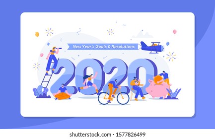 Happy new year 2020. Goals and resolutions 2020 concept illustration. tiny people having fun with their goals in 2020. suitable for web, banner, poster and landing page.