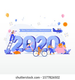 Happy new year 2020. Goals and resolutions 2020 concept illustration. tiny people having fun with their goals in 2020. suitable for web, banner, poster and landing page.