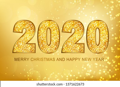 Happy New Year 2020 gold glitter texture type on magic stars lights with bokeh effects background.