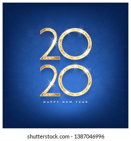 Happy New Year 2020 gold text design. Vector greeting illustration with golden numbers blue background vector illustration