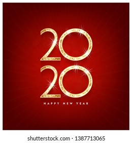 Happy New Year 2020 gold text design. Vector greeting illustration with golden numbers blue background vector illustration