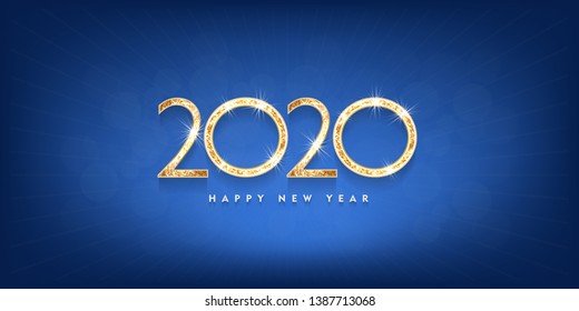 Happy New Year 2020 gold text design. Vector greeting illustration with golden numbers blue background vector illustration