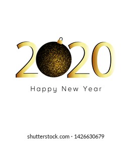Happy New Year 2020. Gold numbers and glitter christmas ball on white background. 