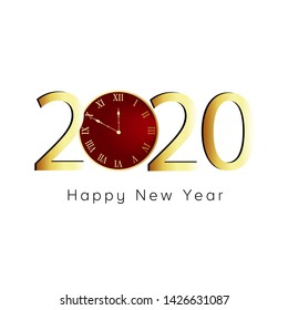 Happy New Year 2020. Gold numbers and red clock on white background. 