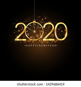 Happy New Year 2020. Gold numbers, clock and lights on dark background. 