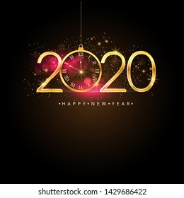 Happy New Year 2020. Gold numbers, clock and lights on dark background. 