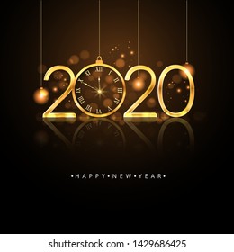 Feliz Año Nuevo 2020. Números de oro, reloj y luces de fondo oscuro. 