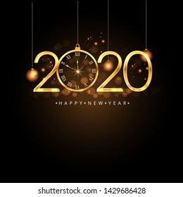 Happy New Year 2020. Gold numbers, clock and lights on dark background. 