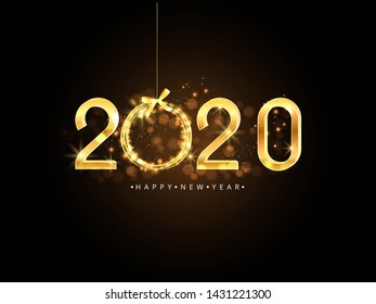 Happy New Year 2020. Gold numbers and christmas ball on dark background. 