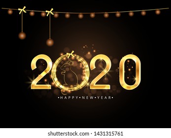 Happy New Year 2020. Gold numbers and christmas ball on dark background. 
