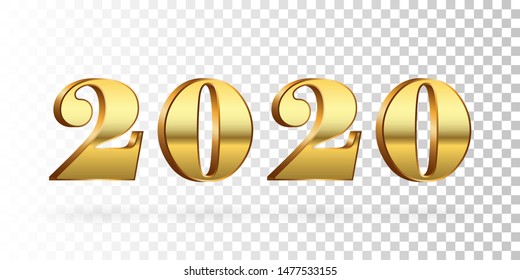 Happy New Year 2020. Gold 3D number isolated white transparent background. Bright golden design greeting card, Christmas banner, holiday celebration, decoration poster, calendar Vector illustration