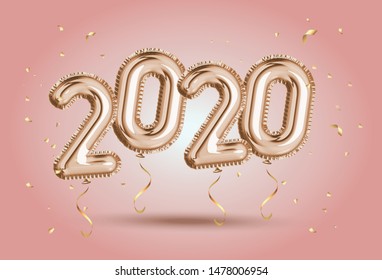 Happy New Year 2020. Gold foil balloons numeral 2020 and confetti on pink background. Elegant Pink Greeting celebration  poster. Golden numbers with sparkling golden confetti 3d realistic vector