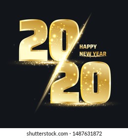 Happy New Year 2020 gold number with bright sparkles. Festive premium design template for greeting card, calendar, banner. glowing lights circle on black background. Vector illustration