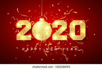 Happy New Year 2020, gold shiny glitter glowing numbers design of greeting card, falling shiny confetti, Vector illustration.