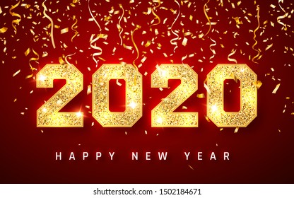 Happy New Year 2020, gold shiny glitter glowing numbers design of greeting card, falling shiny confetti, Vector illustration.