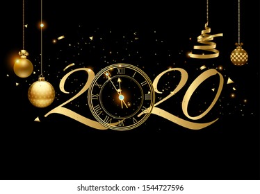 Happy New Year 2020 - New Year with gold clock and hand lettering number