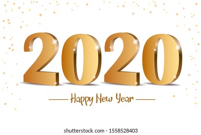 Happy new year 2020! Gold text with backlight and calligraphy. Vector minimalistic template on a white background.