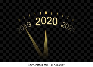 Happy New year 2020. Gold clock, arrows, isolated black transparent background. Golden design holiday banner, Christmas celebration party, header poster. Template decoration card Vector illustration