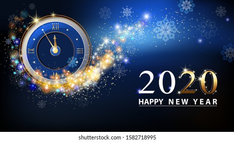 Happy New Year 2020, gold figures. The glowing gold and blue clock counted down five minutes at midnight. Dark blue background, stars and snowflakes.Elements for calendar and greeting card, white text