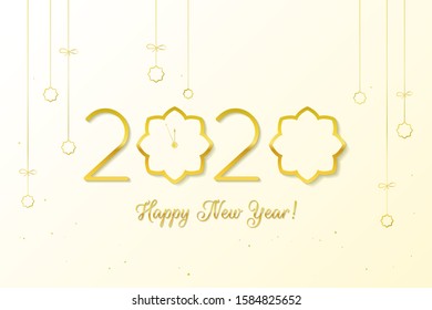 Happy New Year 2020. Gold Numbers Design of greeting card on a white background Christmas Baubles. Happy New Year Banner with 2020 Numbers with clock.