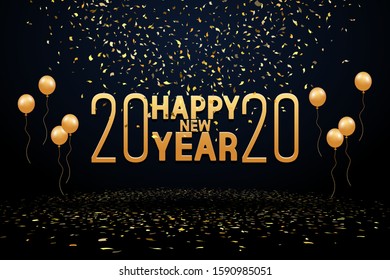 Happy new year 2020 gold text with balloon gold, ribbon on black background. Can be used for brochure, card, banner design templates. Vector illustration.