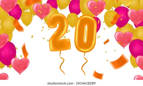 Happy New Year 2020. Gold number 20 balloons and confetti. Vector illustration.