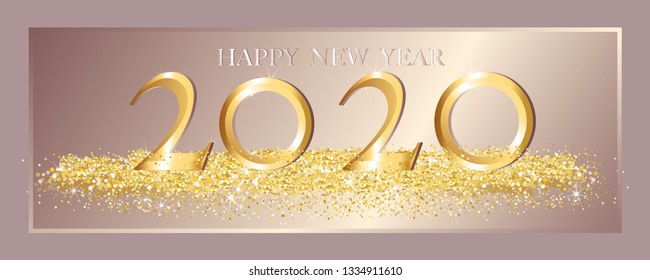 Happy New Year 2020 in golden luxury with glitter texture on pink gold background,Text 2020 in Gold shining and sparkling with glitter confetti,Design for flyers, invitation, posters, brochure, banner