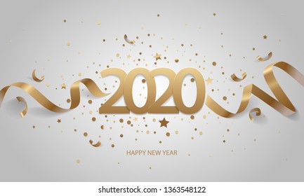 Feliz Año Nuevo 2020. Números dorados con cintas y confeti sobre fondo blanco.