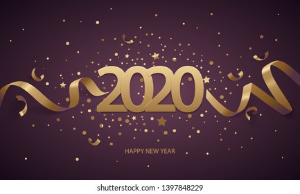 Feliz Año Nuevo 2020. Números dorados con cintas y confetti en un fondo morado oscuro.