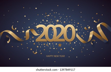 Happy New Year 2020. Golden numbers with ribbons and confetti on a dark blue background.