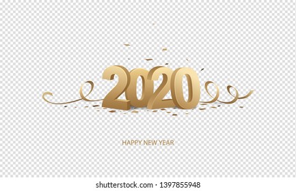 Happy New Year 2020. Golden 3D numbers with ribbons and confetti on a transparent background.