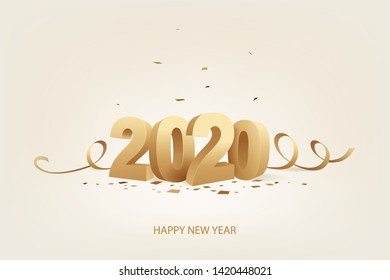 Happy New Year 2020. Golden 3D numbers with ribbons and confetti on a white background.