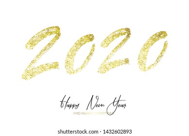 Happy New Year 2020 with golden glitter. Wishes with shining glittering dust for greeting card. Hand drawn calligraphy. Handwritten golden lettering with gold particles. Vector illustration.