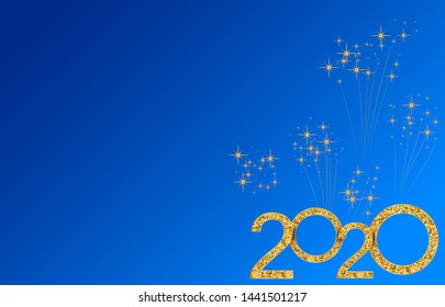 Happy New Year 2020 golden glittering numbers design on blue background with sparkles and fireworks. Modern template for holiday banners, posters, invitations cards, flyers. Year of the rat