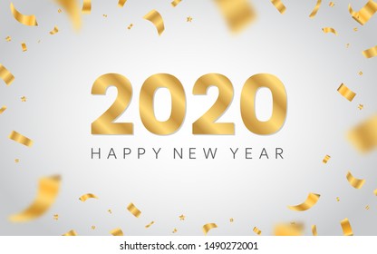 Happy New Year 2020. Golden luxury text on white background. Christmas design with gold confetti. Xmas concept with bright defocused elements. Vector illustration.