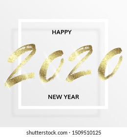 Happy New Year 2020 with golden glitter. Wishes with shining glittering dust for greeting card. Hand drawn calligraphy. Handwritten golden lettering with gold particles. Vector illustration.